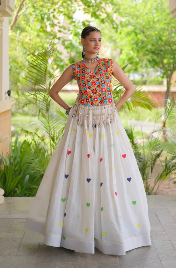 White Pure Kora Cotton Multi Thread Gotta Patti Mirror Work Navratri Lehenga Choli