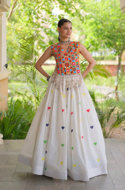 White Pure Kora Cotton Multi Thread Gotta Patti Mirror Work Navratri Lehenga Choli