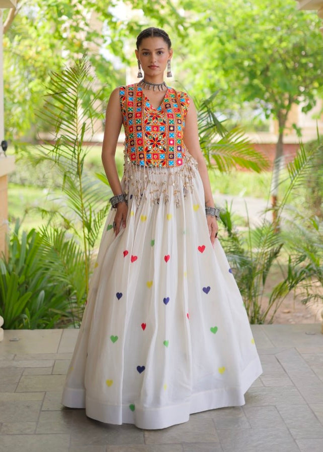 White Pure Kora Cotton Multi Thread Gotta Patti Mirror Work Navratri Lehenga Choli