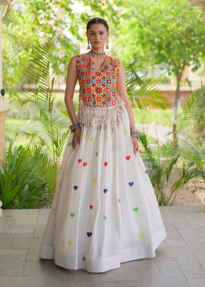 White Pure Kora Cotton Multi Thread Gotta Patti Mirror Work Navratri Lehenga Choli