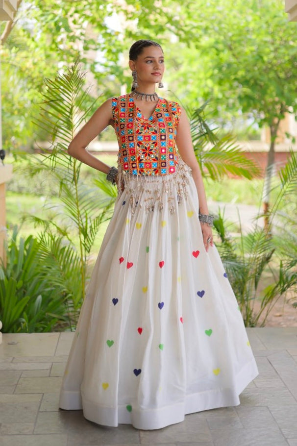 White Pure Kora Cotton Multi Thread Gotta Patti Mirror Work Navratri Lehenga Choli