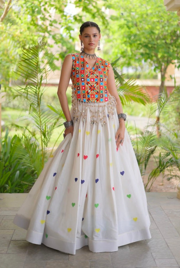 White Pure Kora Cotton Multi Thread Gotta Patti Mirror Work Navratri Lehenga Choli