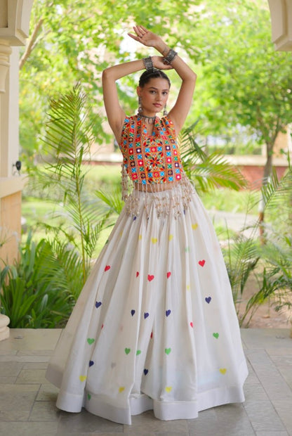 White Pure Kora Cotton Multi Thread Gotta Patti Mirror Work Navratri Lehenga Choli