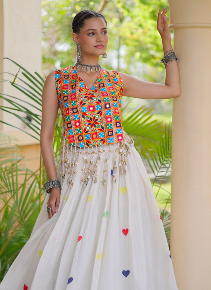 White Pure Kora Cotton Multi Thread Gotta Patti Mirror Work Navratri Lehenga Choli