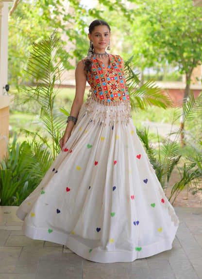 White Pure Kora Cotton Multi Thread Gotta Patti Mirror Work Navratri Lehenga Choli