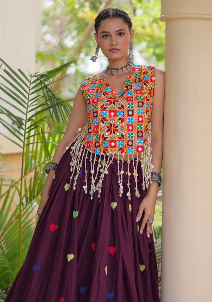 Wine Pure Kora Cotton Multi Thread Gotta Patti Mirror Work Navratri Lehenga Choli