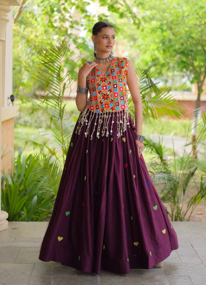 Wine Pure Kora Cotton Multi Thread Gotta Patti Mirror Work Navratri Lehenga Choli