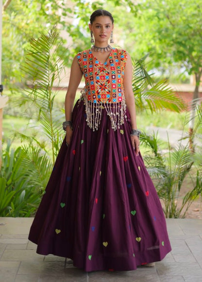 Wine Pure Kora Cotton Multi Thread Gotta Patti Mirror Work Navratri Lehenga Choli