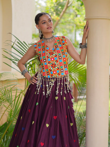 Wine Pure Kora Cotton Multi Thread Gotta Patti Mirror Work Navratri Lehenga Choli