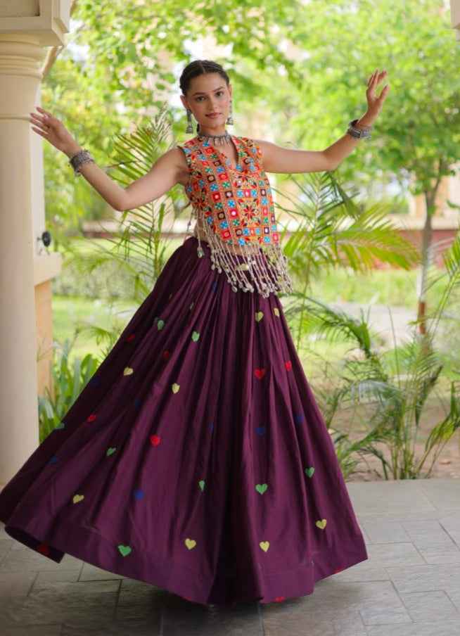 Wine Pure Kora Cotton Multi Thread Gotta Patti Mirror Work Navratri Lehenga Choli