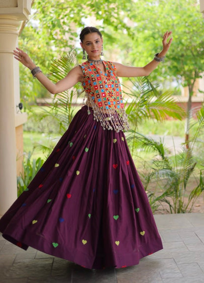 Wine Pure Kora Cotton Multi Thread Gotta Patti Mirror Work Navratri Lehenga Choli