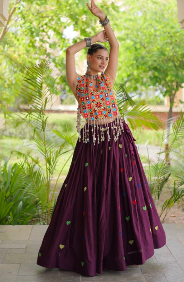 Wine Pure Kora Cotton Multi Thread Gotta Patti Mirror Work Navratri Lehenga Choli