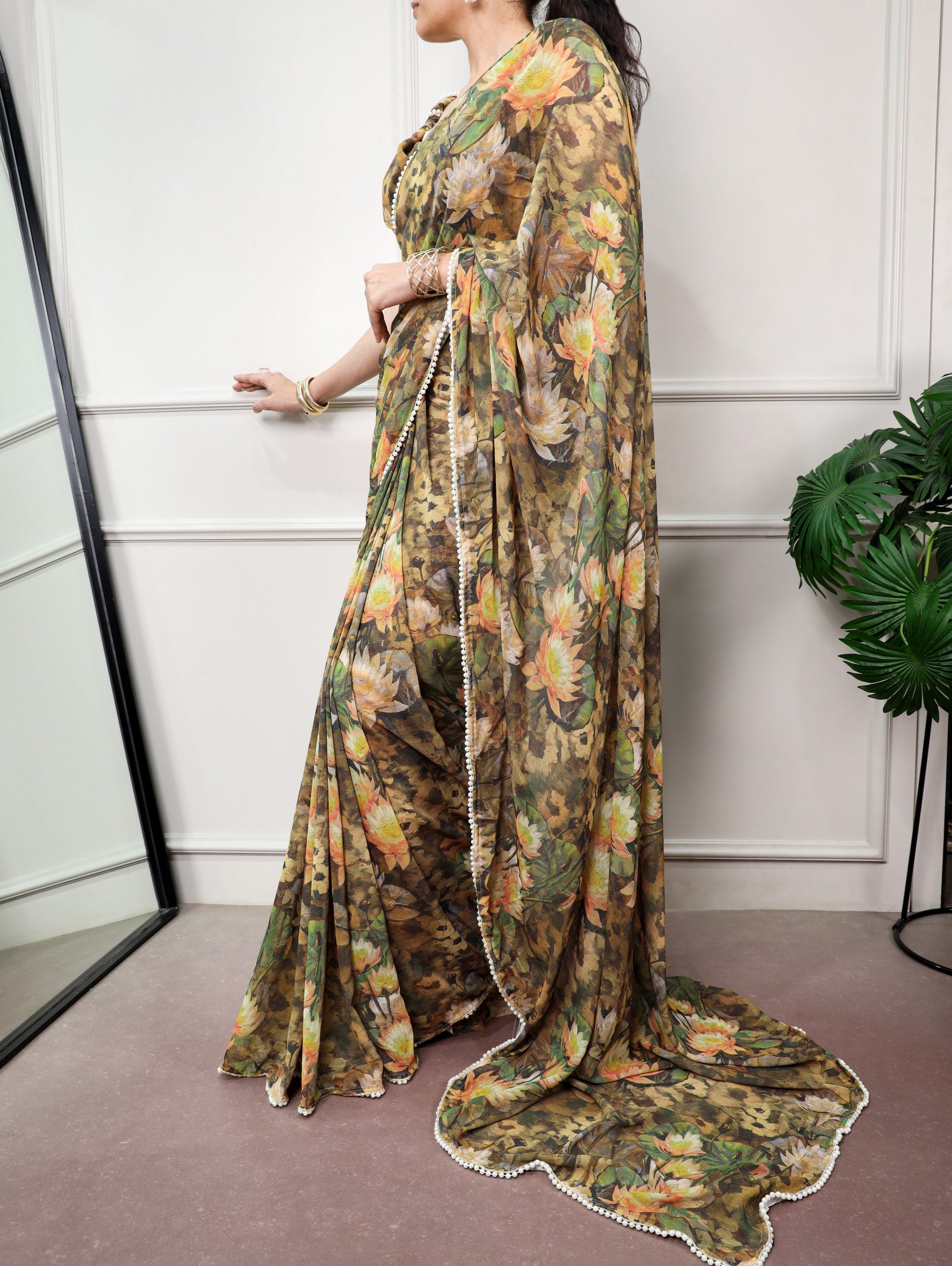 Mehandi Pure Weightless Marbal With Floral Print Weightless Saree