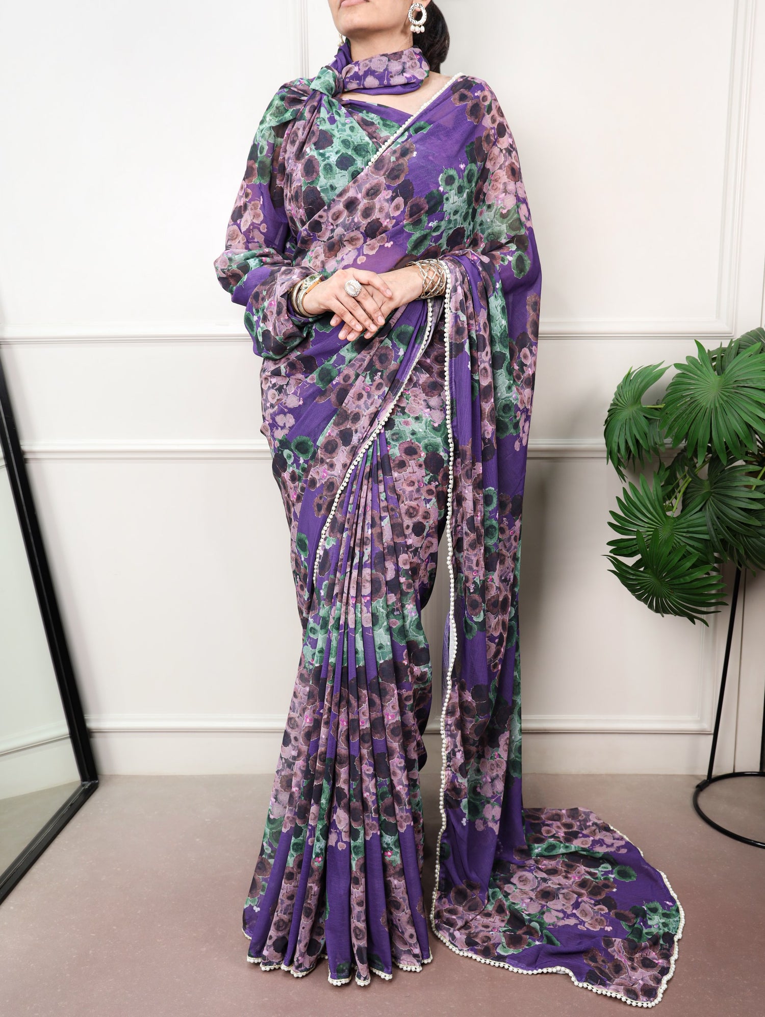 Purple Pure Weightless Marbal With Floral Print Weightless Saree