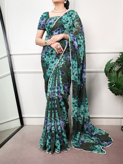 Green Pure Weightless Marbal With Floral Print Weightless Saree