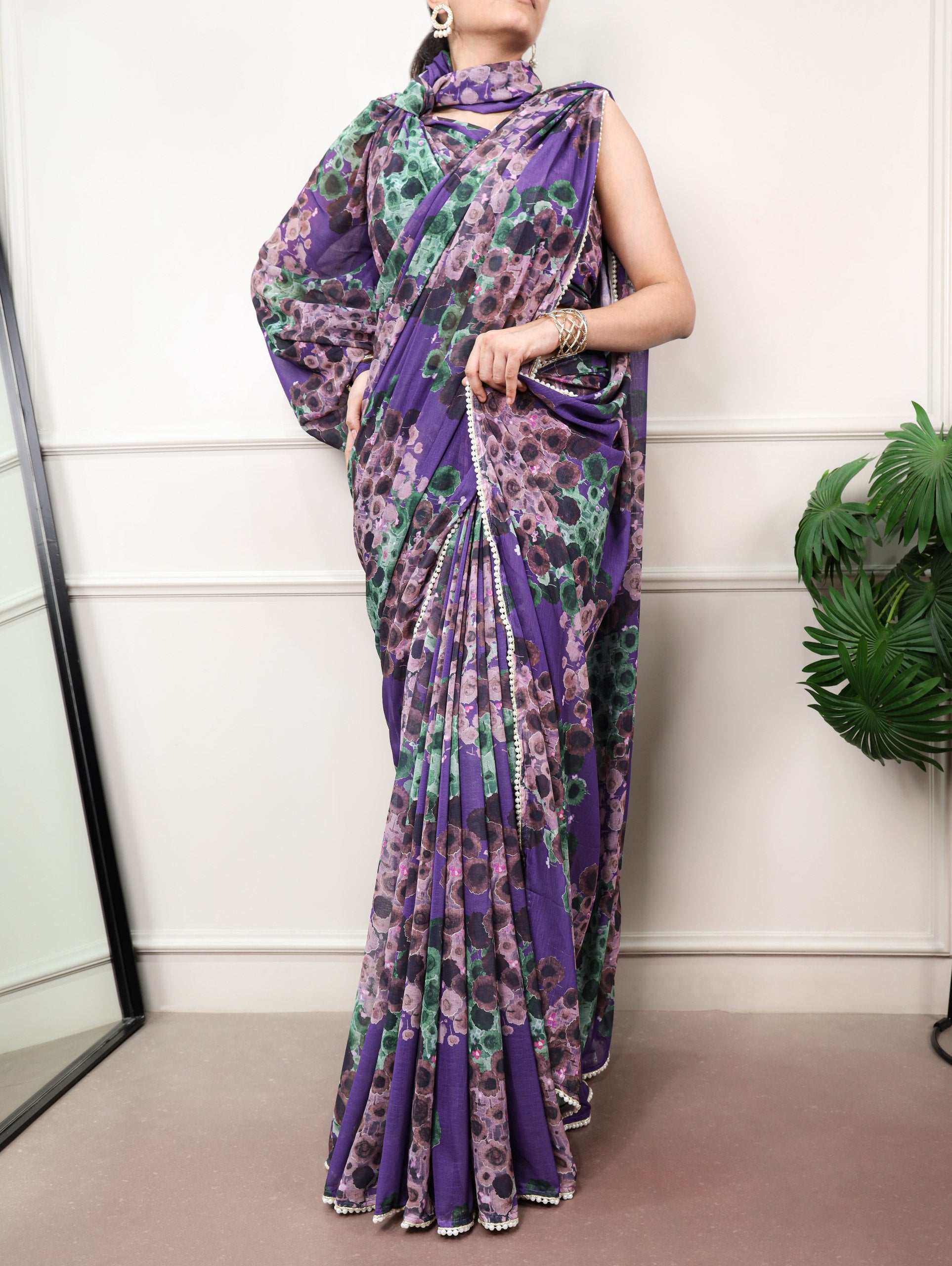 Purple Pure Weightless Marbal With Floral Print Weightless Saree