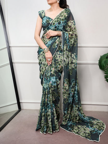 Green Pure Weightless Marbal With Floral Print Weightless Saree