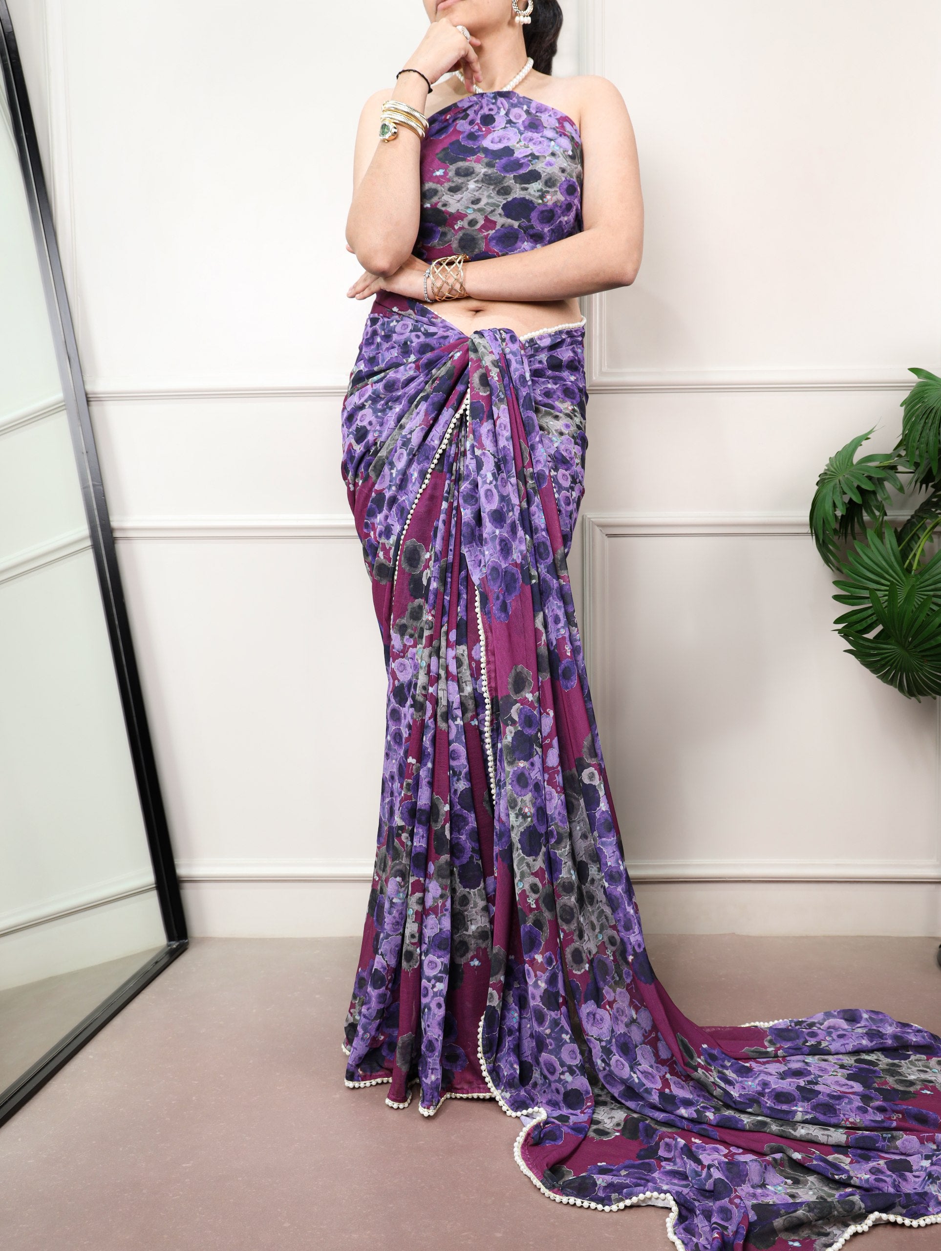 Wine Pure Weightless Marbal With Floral Print Weightless Saree