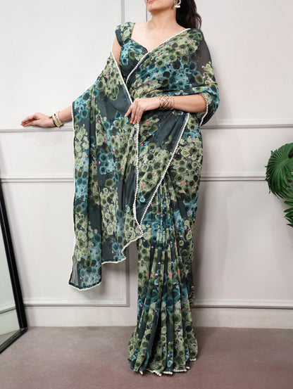 Green Pure Weightless Marbal With Floral Print Weightless Saree