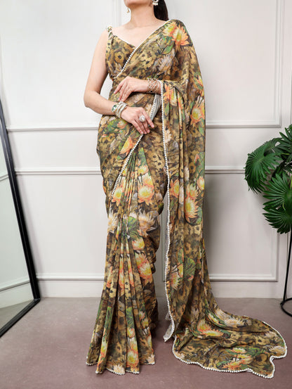 Mehandi Pure Weightless Marbal With Floral Print Weightless Saree
