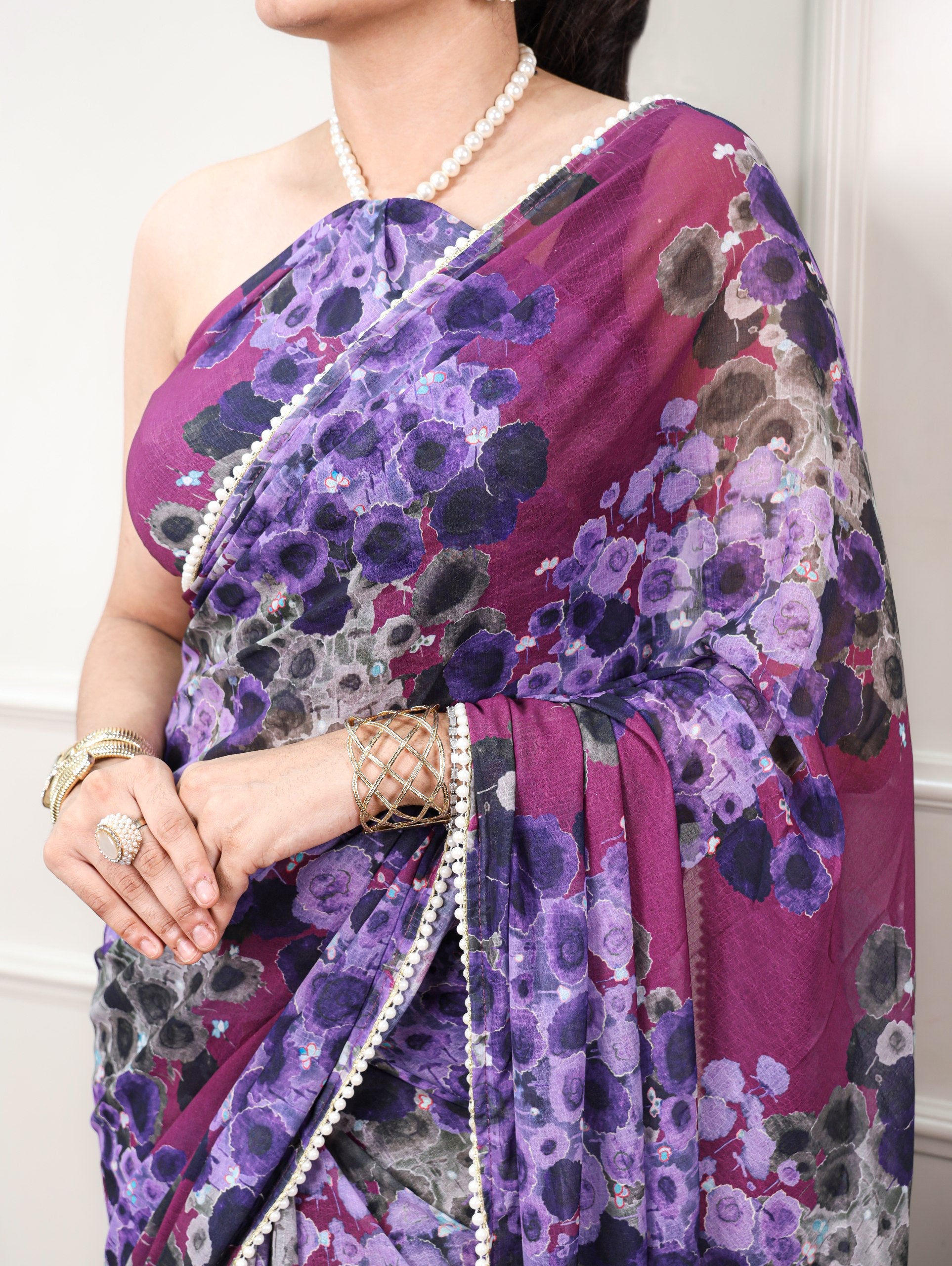 Wine Pure Weightless Marbal With Floral Print Weightless Saree