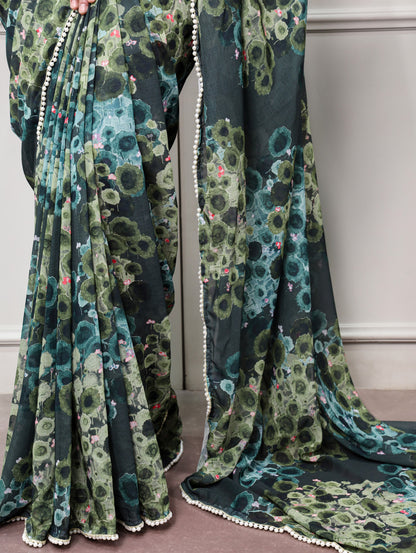 Green Pure Weightless Marbal With Floral Print Weightless Saree