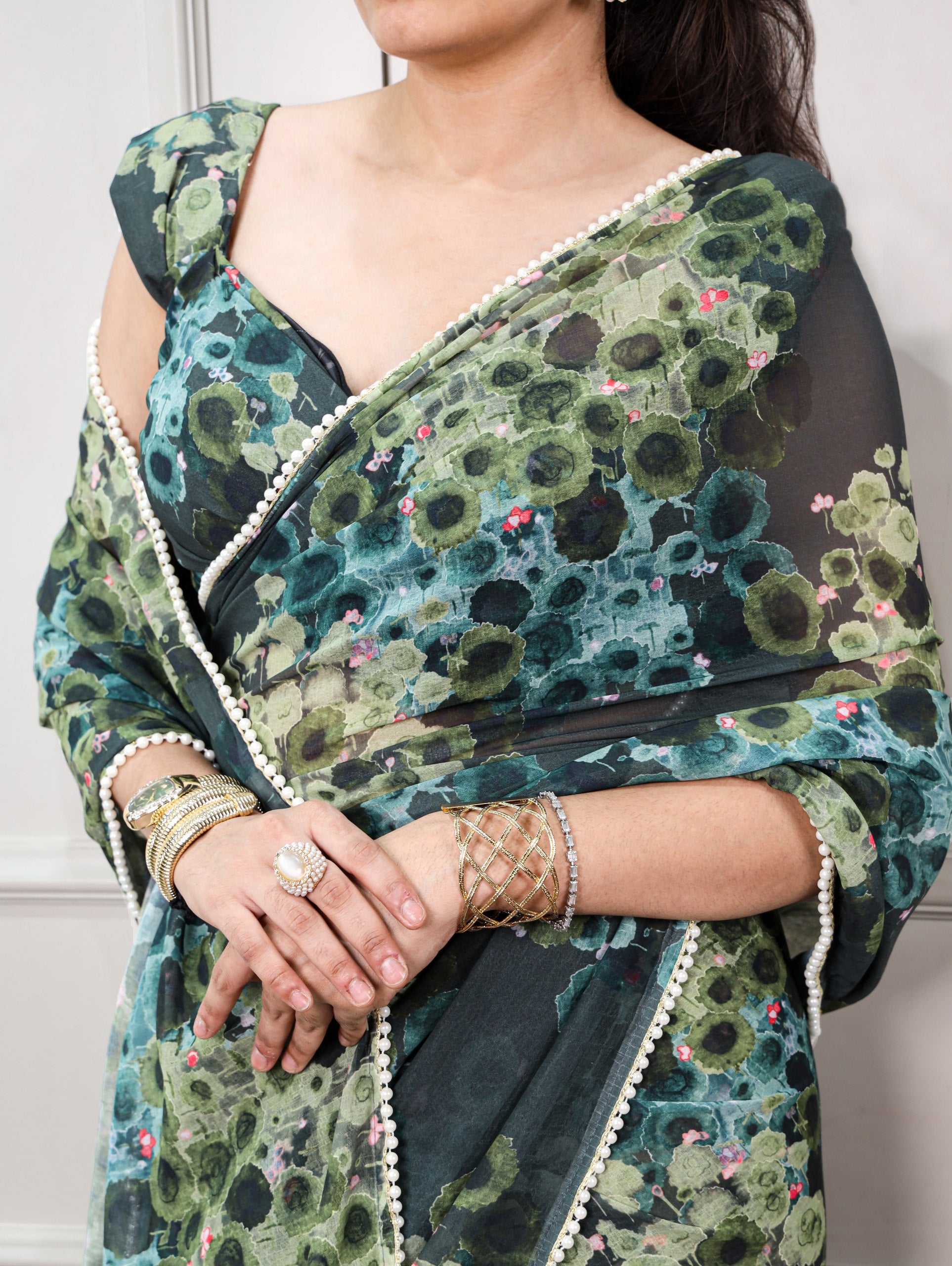 Green Pure Weightless Marbal With Floral Print Weightless Saree