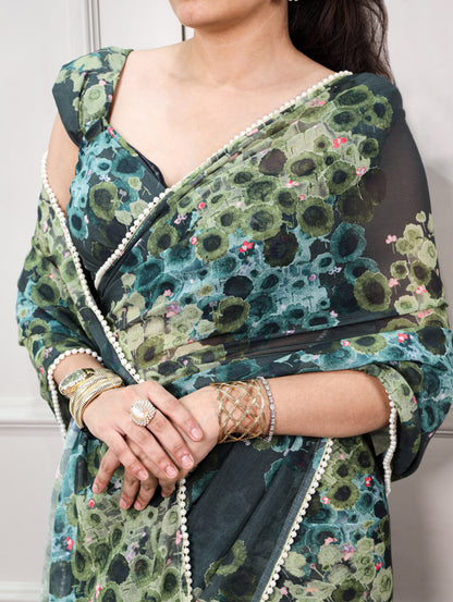 Green Pure Weightless Marbal With Floral Print Weightless Saree