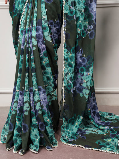 Green Pure Weightless Marbal With Floral Print Weightless Saree