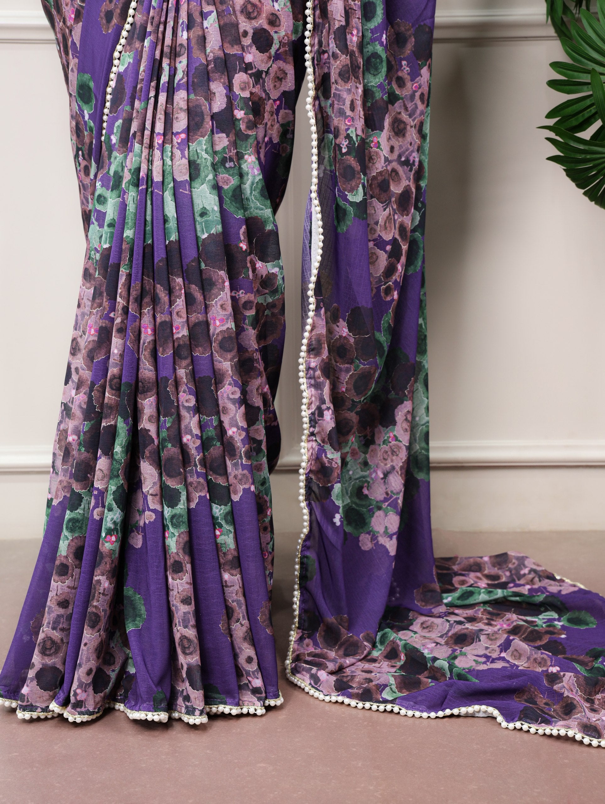 Purple Pure Weightless Marbal With Floral Print Weightless Saree