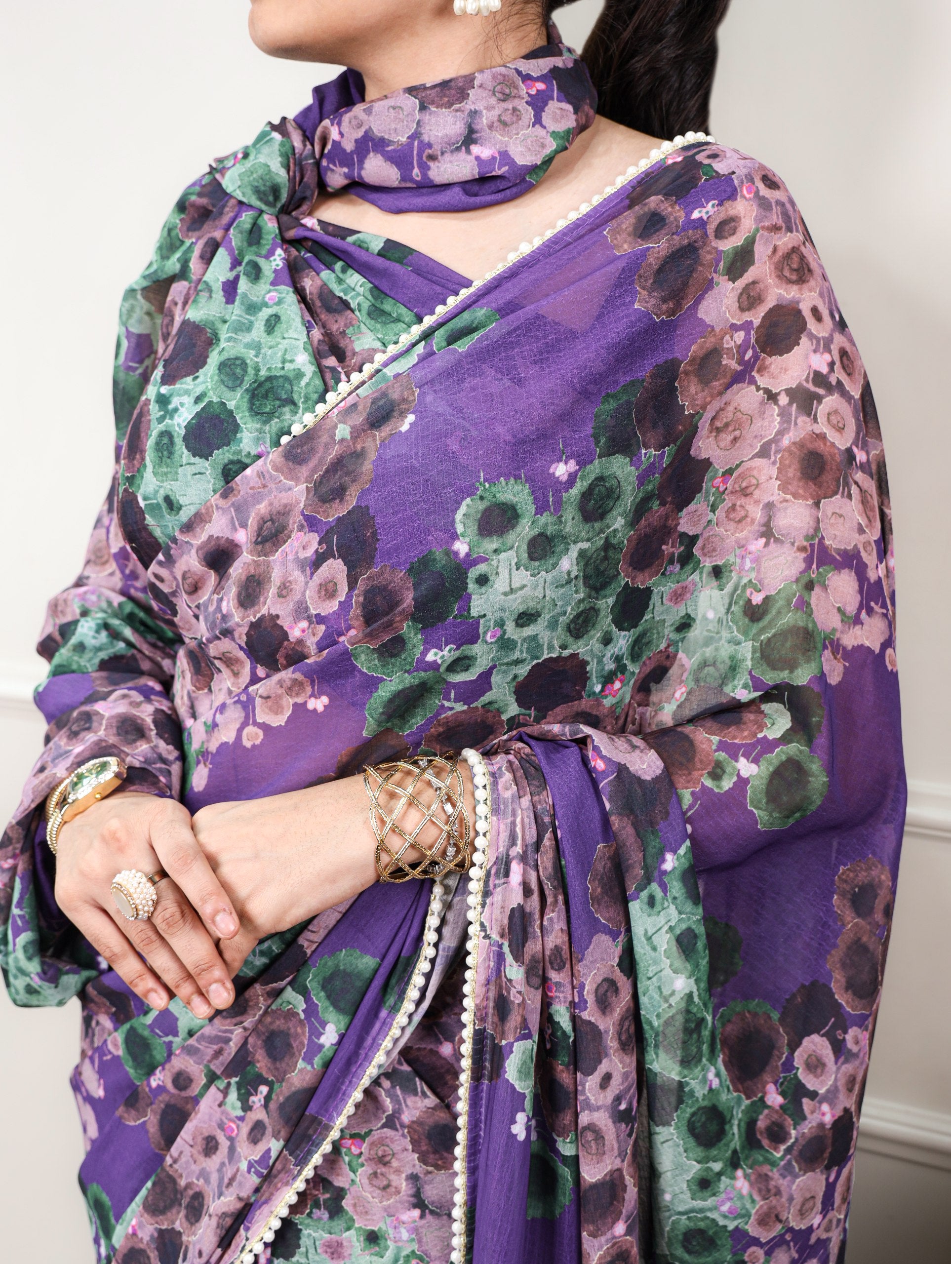 Purple Pure Weightless Marbal With Floral Print Weightless Saree