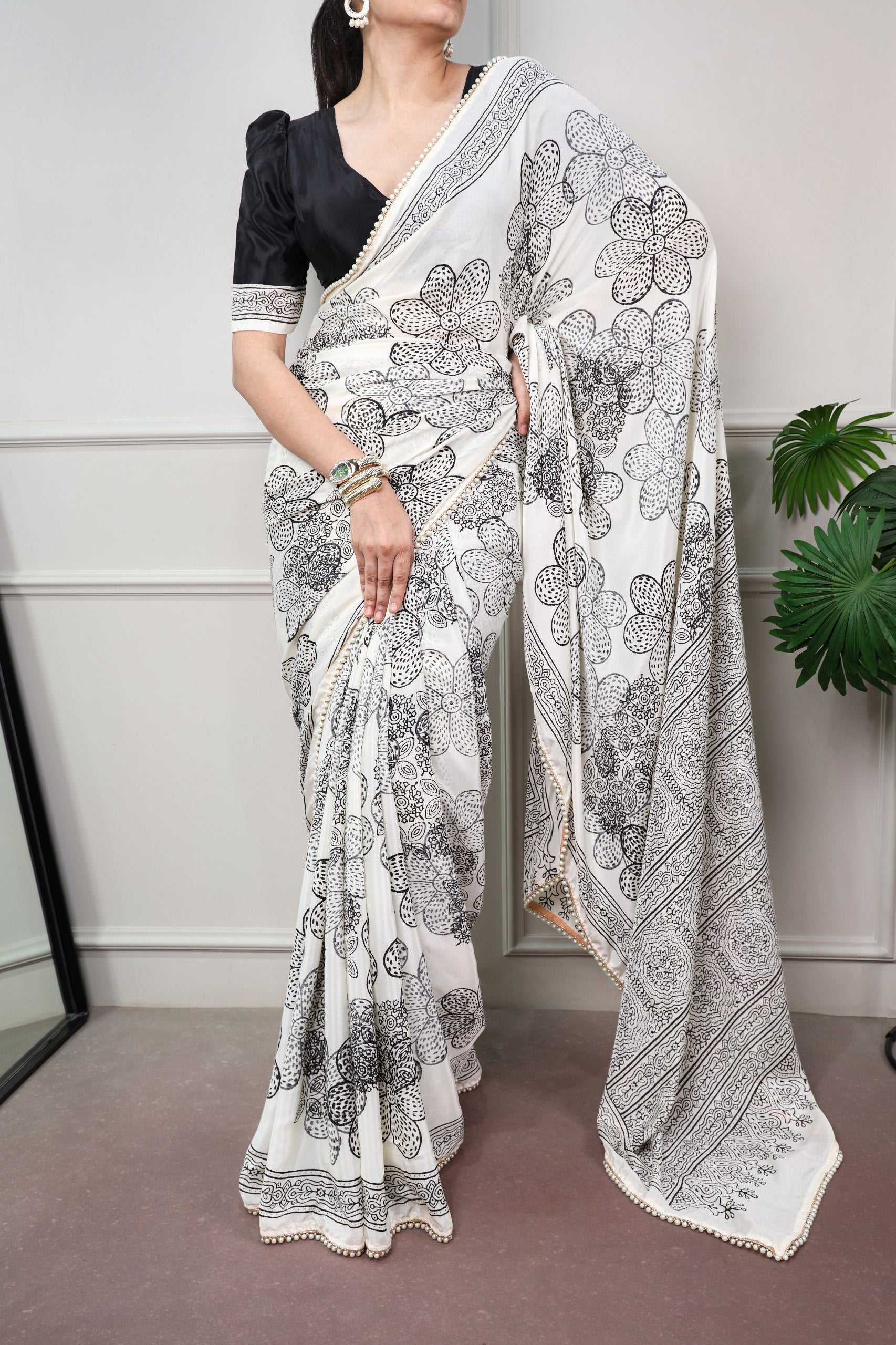 Black Pure Soft Satin Silk Printed Saree