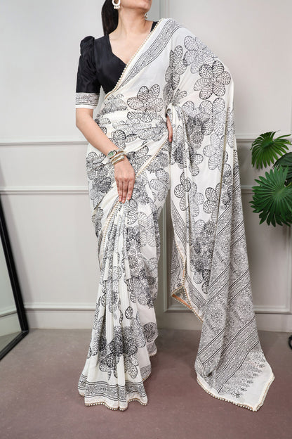 Black Pure Soft Satin Silk Printed Saree