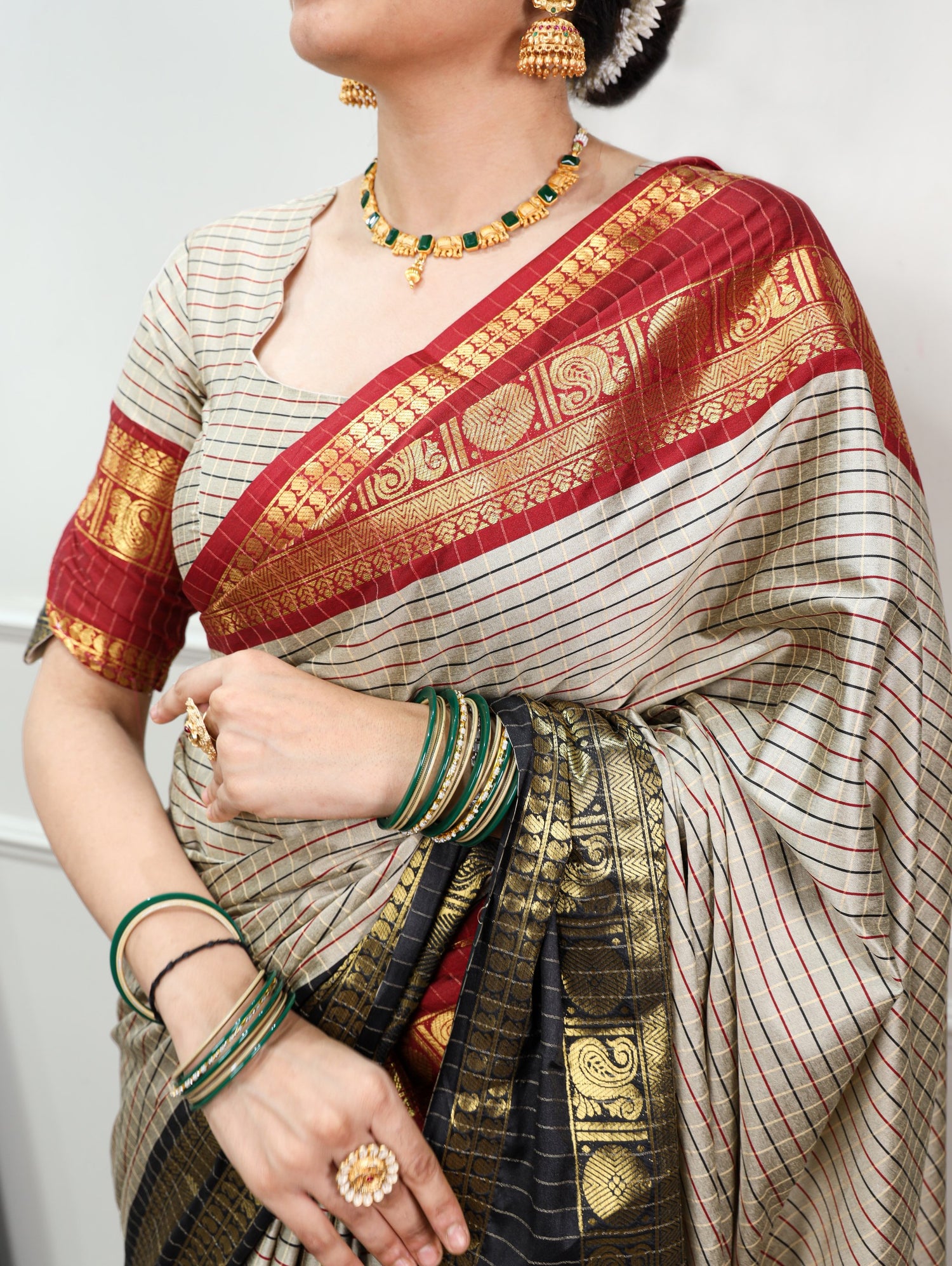 Black Pure Soft Silk with Sophisticated Checks Pattern South India Saree