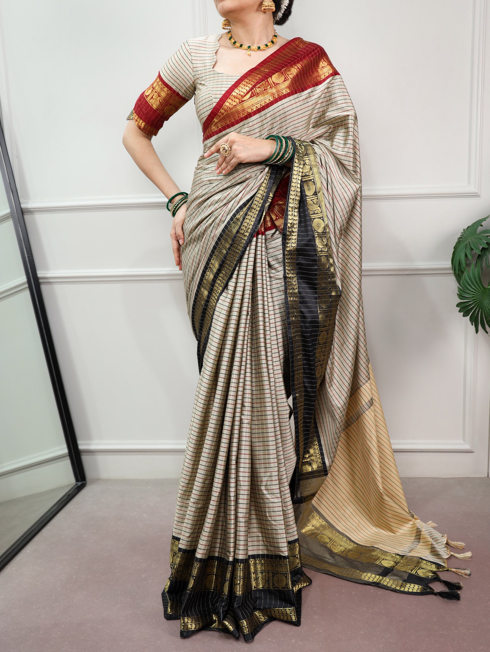 Black Pure Soft Silk with Sophisticated Checks Pattern South India Saree