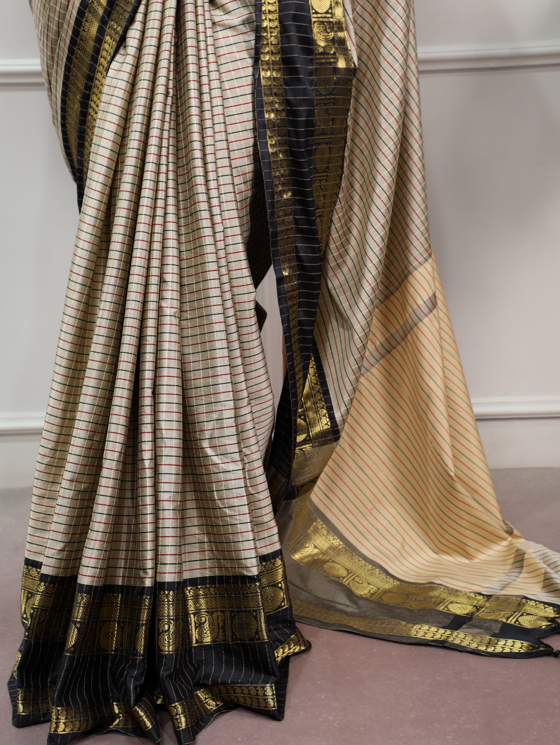 Black Pure Soft Silk with Sophisticated Checks Pattern South India Saree