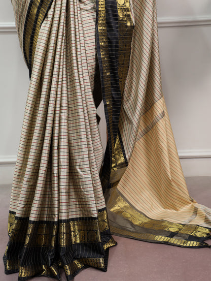 Black Pure Soft Silk with Sophisticated Checks Pattern South India Saree