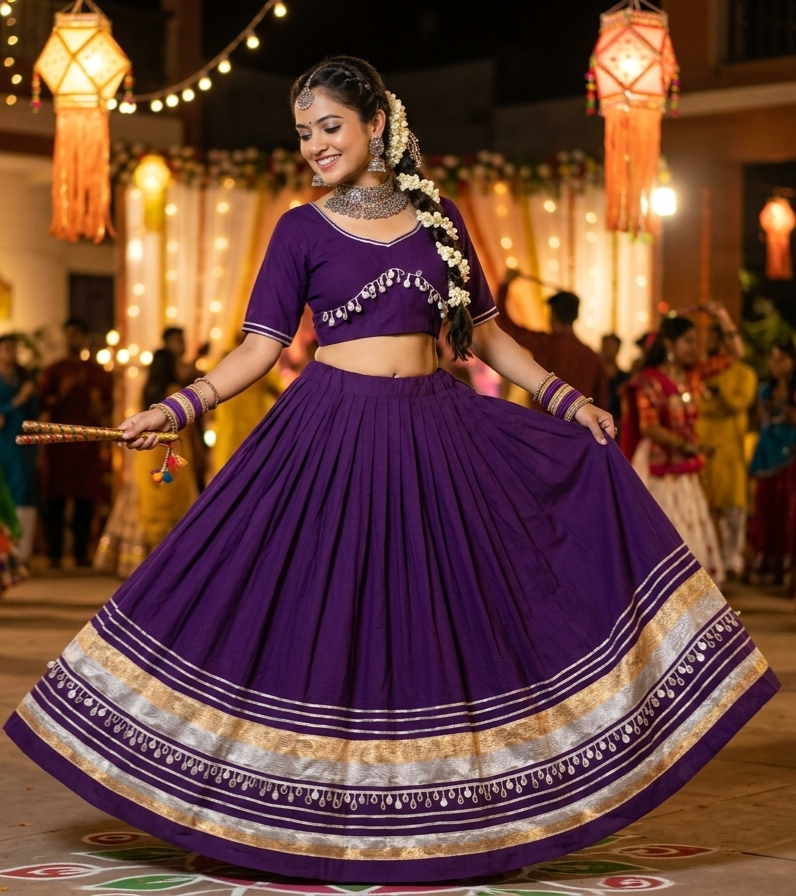 Purple Pure Roman Silk Multi Thread Gotta Patti Mirror Work Navratri Lehenga Choli