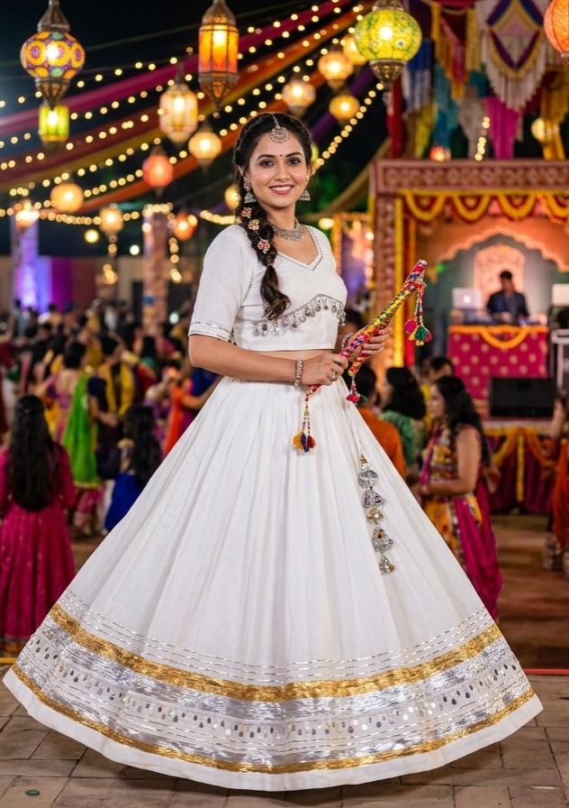 White Pure Roman Silk Multi Thread Gotta Patti Mirror Work Navratri Lehenga Choli