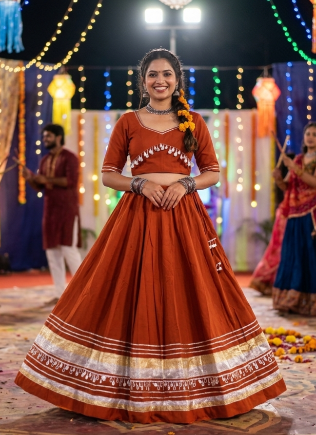 Rust Pure Roman Silk Multi Thread Gotta Patti Mirror Work Navratri Lehenga Choli