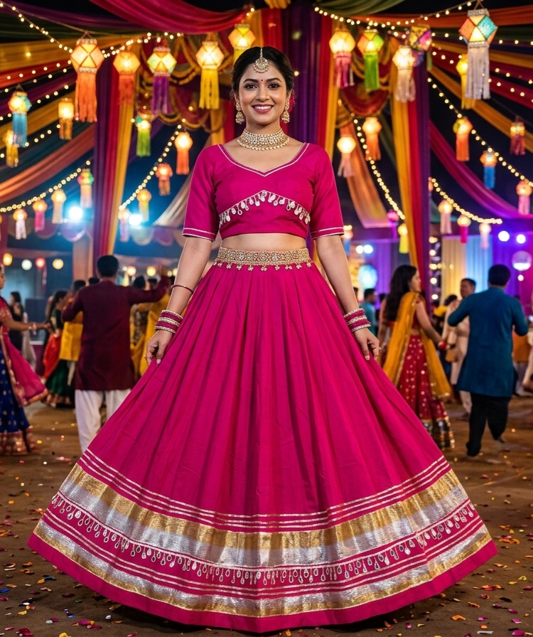 Rani Pure Roman Silk Multi Thread Gotta Patti Mirror Work Navratri Lehenga Choli
