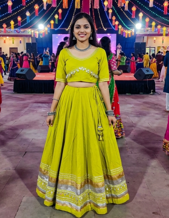 Lemon Pure Roman Silk Multi Thread Gotta Patti Mirror Work Navratri Lehenga Choli