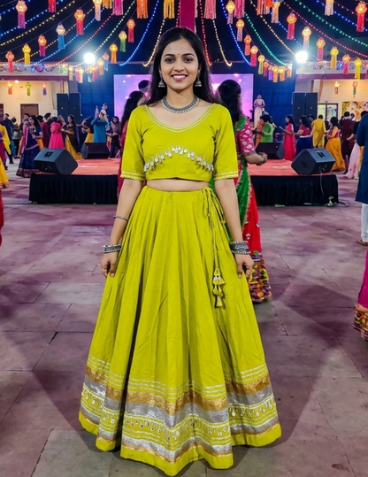 Lemon Pure Roman Silk Multi Thread Gotta Patti Mirror Work Navratri Lehenga Choli