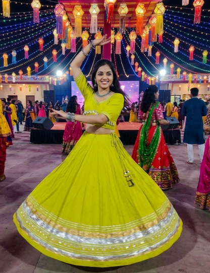 Lemon Pure Roman Silk Multi Thread Gotta Patti Mirror Work Navratri Lehenga Choli
