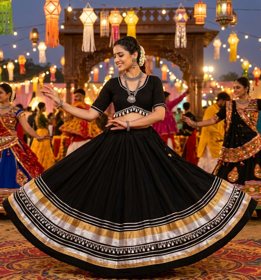 Black Pure Roman Silk Multi Thread Gotta Patti Mirror Work Navratri Lehenga Choli