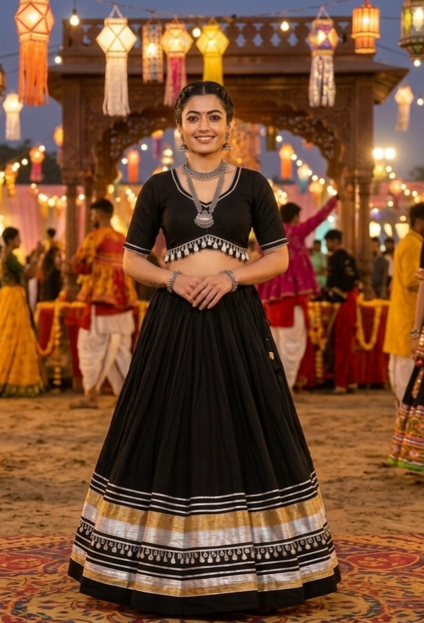 Black Pure Roman Silk Multi Thread Gotta Patti Mirror Work Navratri Lehenga Choli