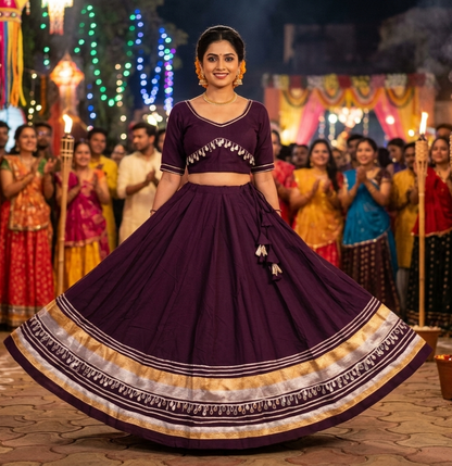 Purple Pure Roman Silk Multi Thread Gotta Patti Mirror Work Navratri Lehenga Choli