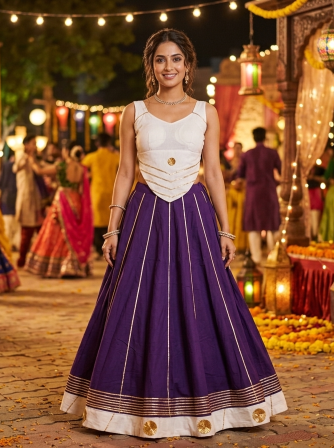 Purple Pure Roman Silk 09 Mtr Flair Double Border Work Navratri Lehenga Choli