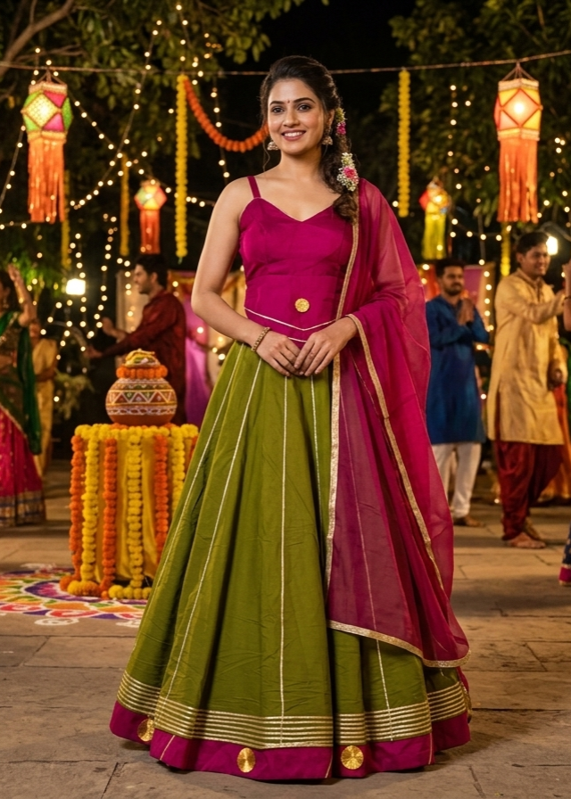 Green Pure Roman Silk 09 Mtr Flair Double Border Work Navratri Lehenga Choli
