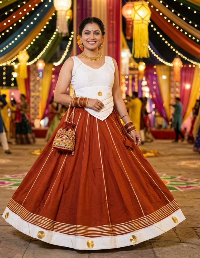 Rust Pure Roman Silk 09 Mtr Flair Double Border Work Navratri Lehenga Choli